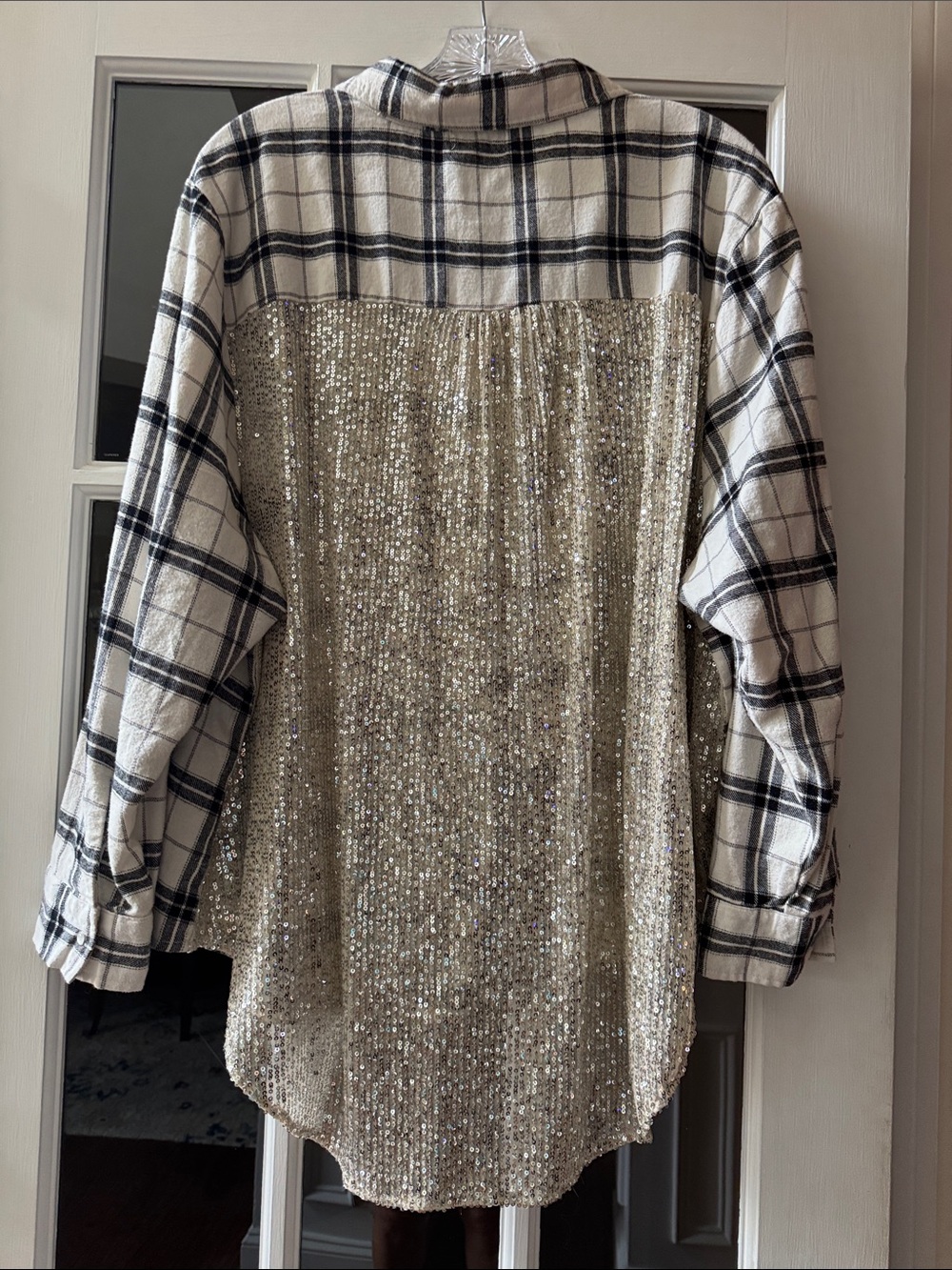 Button-Down Black & White Plaid Shirt with Sequin Pocket